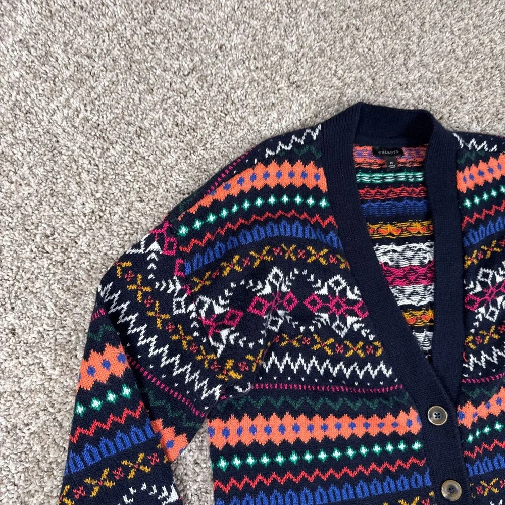 Talbots Cardigan Womens M Navy Fair Isle Button‎ Front Knit Sweater Long Sleeve